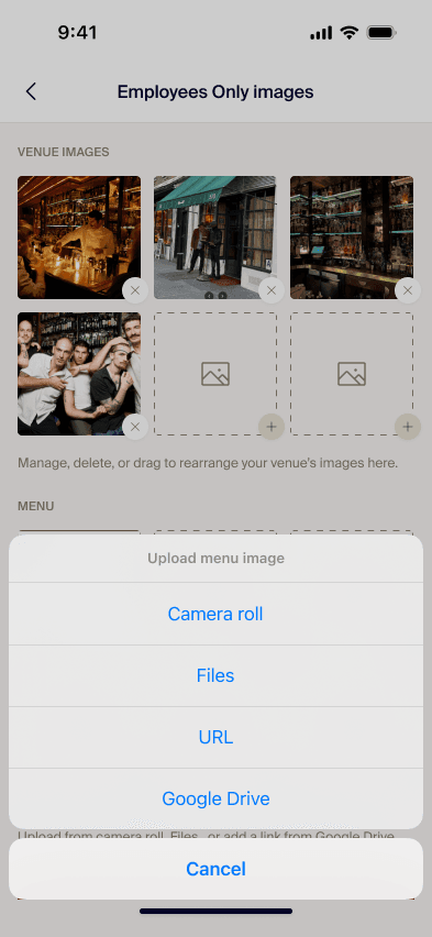 Corner Table: Upload menu