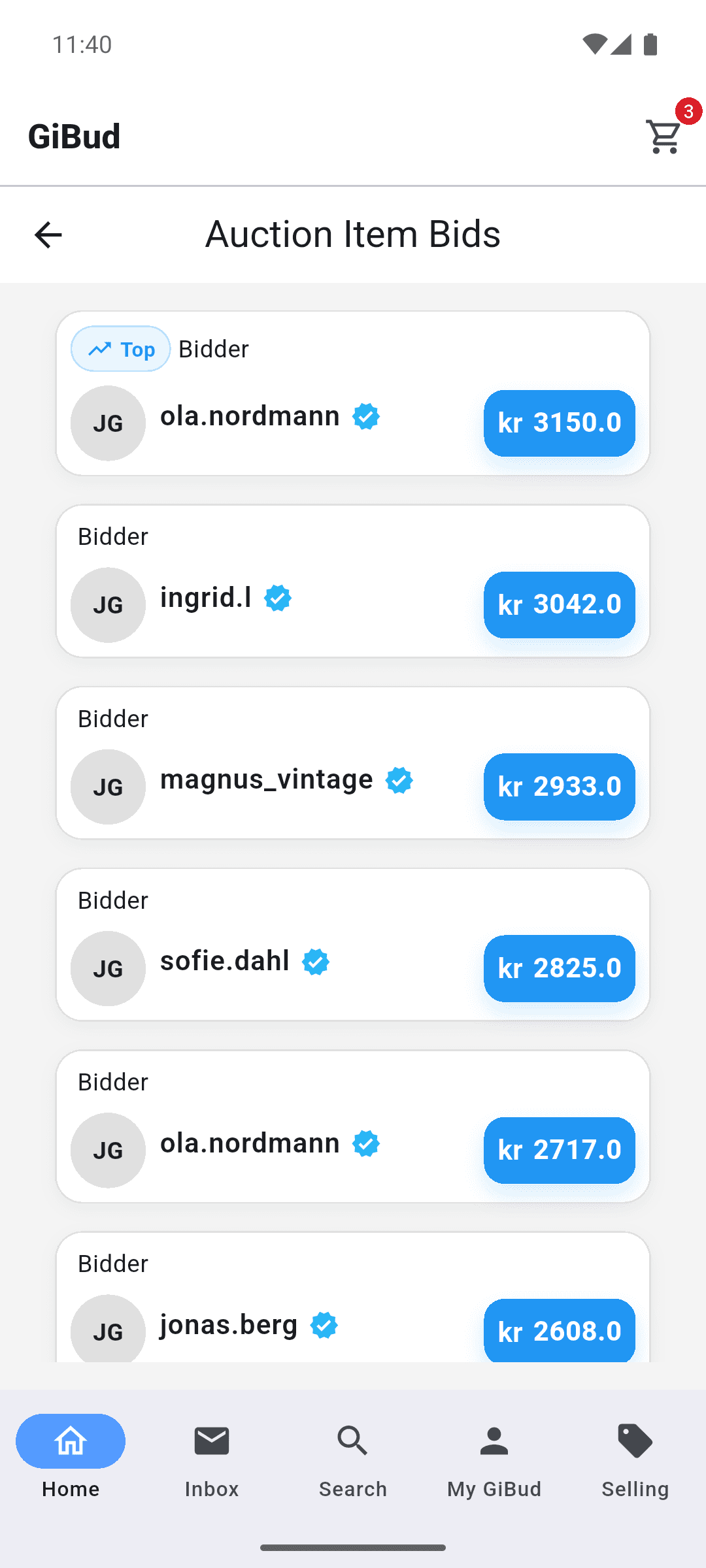 GiBud: Live bid history
