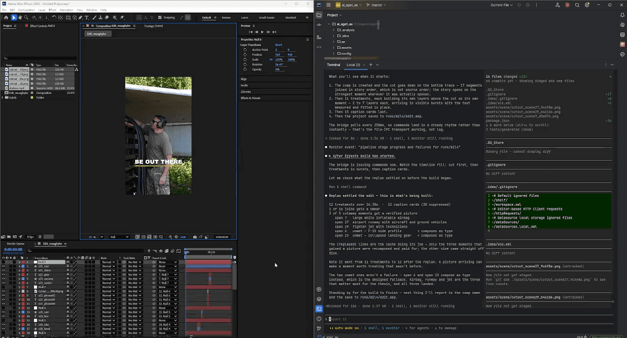 Agentic Video Editing: A text treatment lands on the cut while the timeline fills