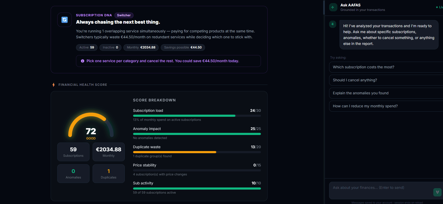 AAFAS: AI Financial Adviser: Health score breakdown and chat