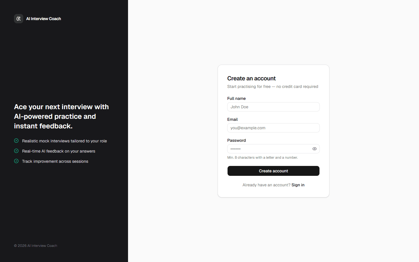 AI Interview Coach: Sign up