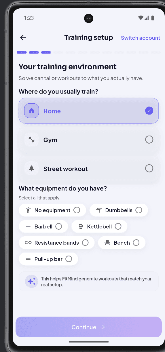 FitMind AI: Training setup & equipment