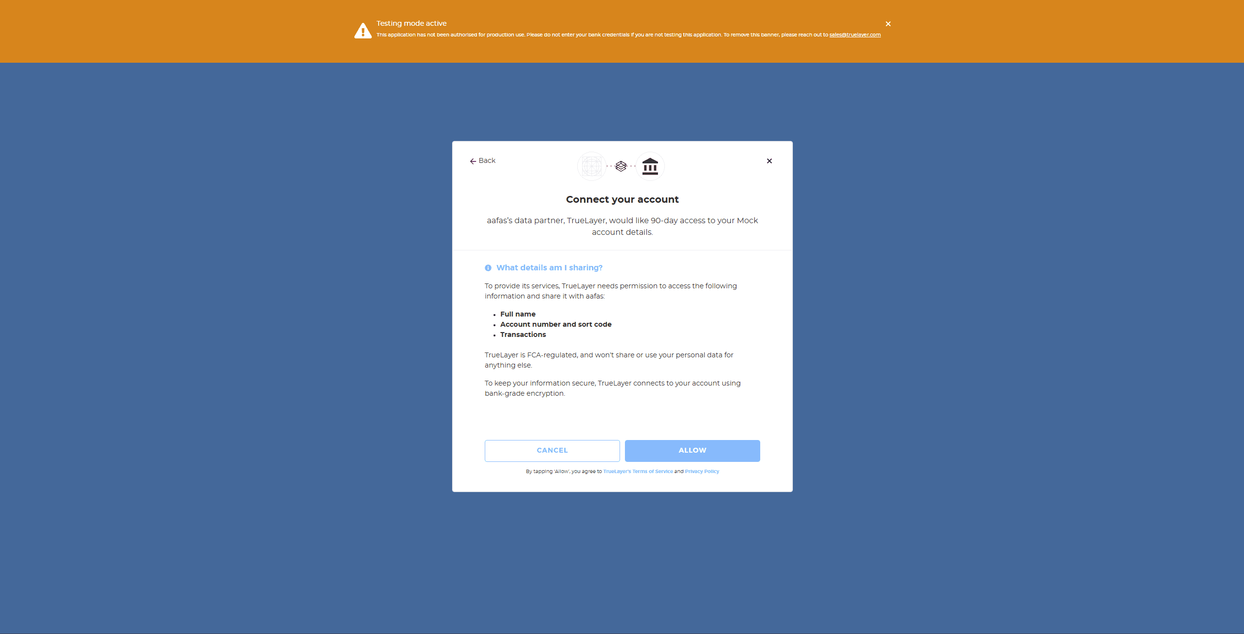 AAFAS: AI Financial Adviser: TrueLayer consent screen