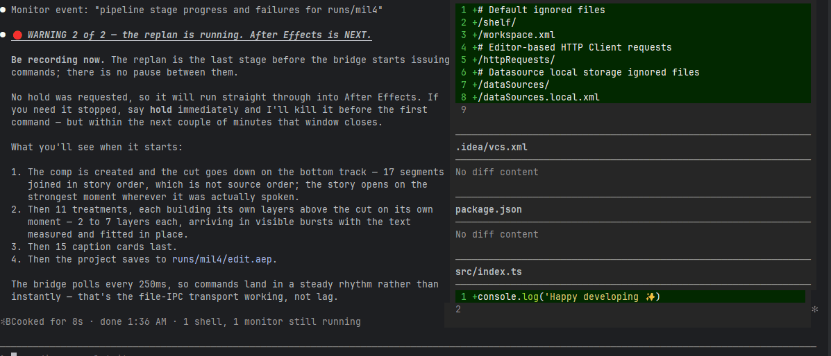 Agentic Video Editing: It warns before the After Effects build starts, with no pause between stages
